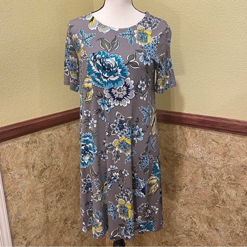 LOFT Gray Floral Midi Dress with Blue and Yellow Blooms